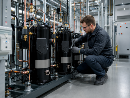 Técnico revisando compresor de chiller industrial